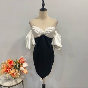 City Studio White & Black Off The Shoulder Puff Balloon Half Sleeve Mini Dress